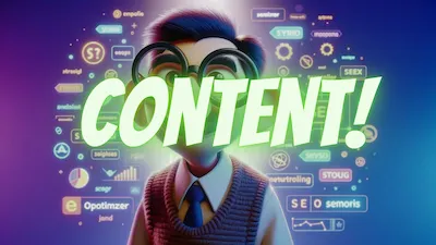 Animated character with glasses and a sweater vest in front of a vibrant digital interface with various SEO-related icons and the text 'CONTENT!' prominently displayed. The character represents an SEO-specialized GPT, inviting queries on seoptimizer.online