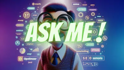 Animated character with glasses and a sweater vest in front of a vibrant digital interface with various SEO-related icons and the text 'ASK ME!' prominently displayed. The character represents an SEO-specialized GPT, inviting queries on seoptimizer.online