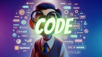 Animated character with glasses and a sweater vest in front of a vibrant digital interface with various SEO-related icons and the text 'I write code!' prominently displayed. The character represents an SEO-specialized GPT, inviting queries on seoptimizer.online