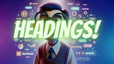 Animated character with glasses and a sweater vest in front of a vibrant digital interface with various SEO-related icons and the text 'HEADINGS!' prominently displayed. The character represents an SEO-specialized GPT, inviting queries on seoptimizer.online