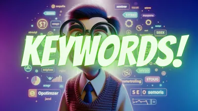 Animated character with glasses and a sweater vest in front of a vibrant digital interface with various SEO-related icons and the text 'KEYWORDS!' prominently displayed. The character represents an SEO-specialized GPT, inviting queries on seoptimizer.online