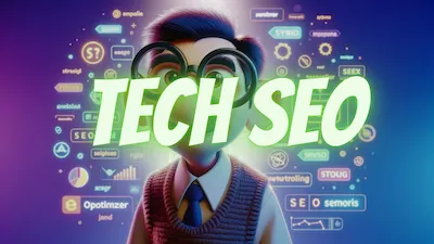 Animated character with glasses and a sweater vest in front of a vibrant digital interface with various SEO-related icons and the text 'Technical SEO!' prominently displayed. The character represents an SEO-specialized GPT, inviting queries on seoptimizer.online